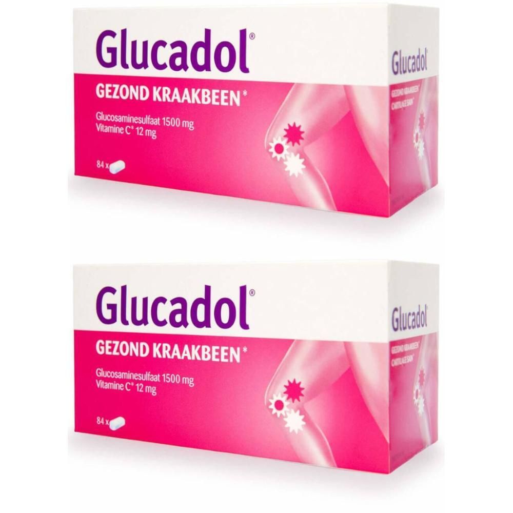 Deux boîtes de Glucadol. Inscription: GEZOND KRAAKBEEN, Glucosaminesulfaat 1500 mg, Vitamine C 12 mg. Emballage rose et blanc.