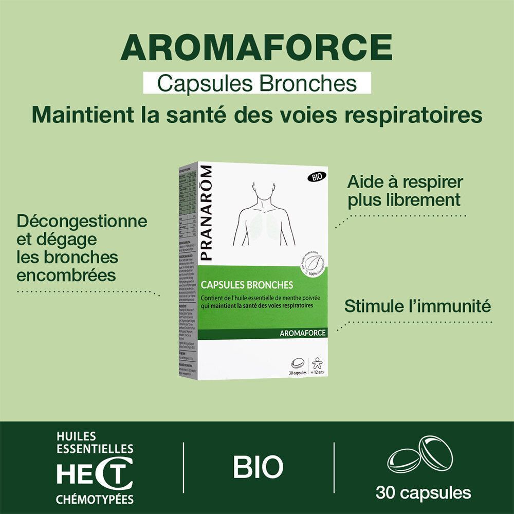 Fond vert avec texte. Aromaforce Capsules Bronches. Santé des voies respiratoires. 30 capsules.
