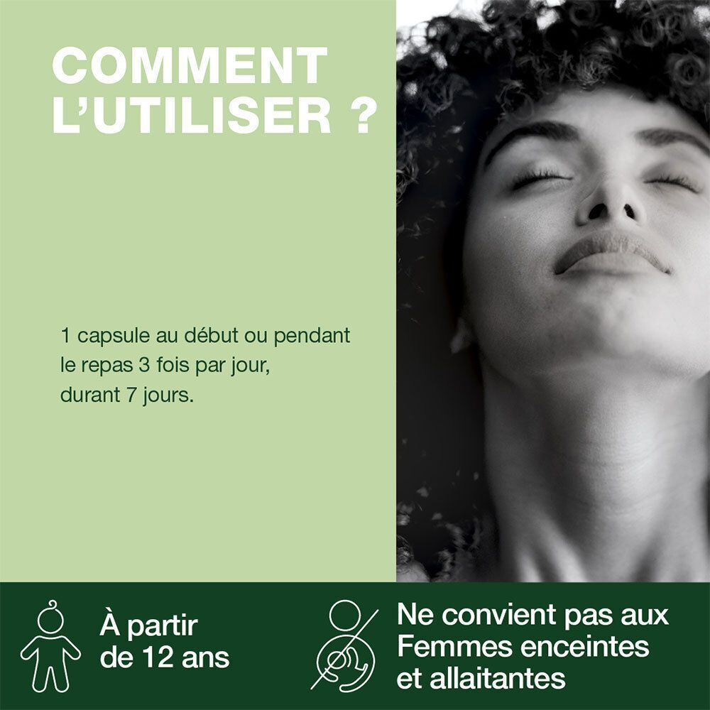 Utilisation : 1 capsule 3 fois par jour pendant les repas, pendant 7 jours. Pas pour femmes enceintes et enfants -12 ans.