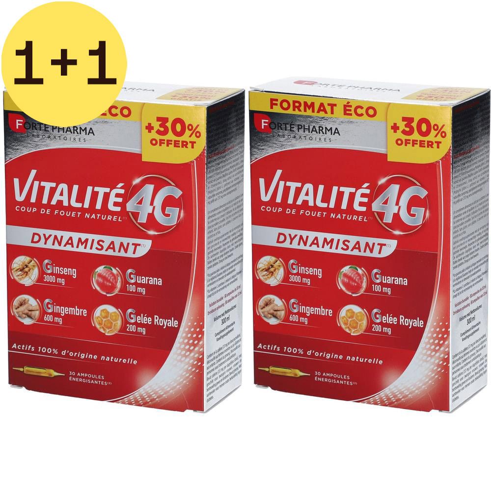 Deux boîtes rouges "Vitalité 4G" de Forté Pharma. Ingrédients: Ginseng, Guarana, Gingembre, Gelée Royale. "+30% OFFERT".