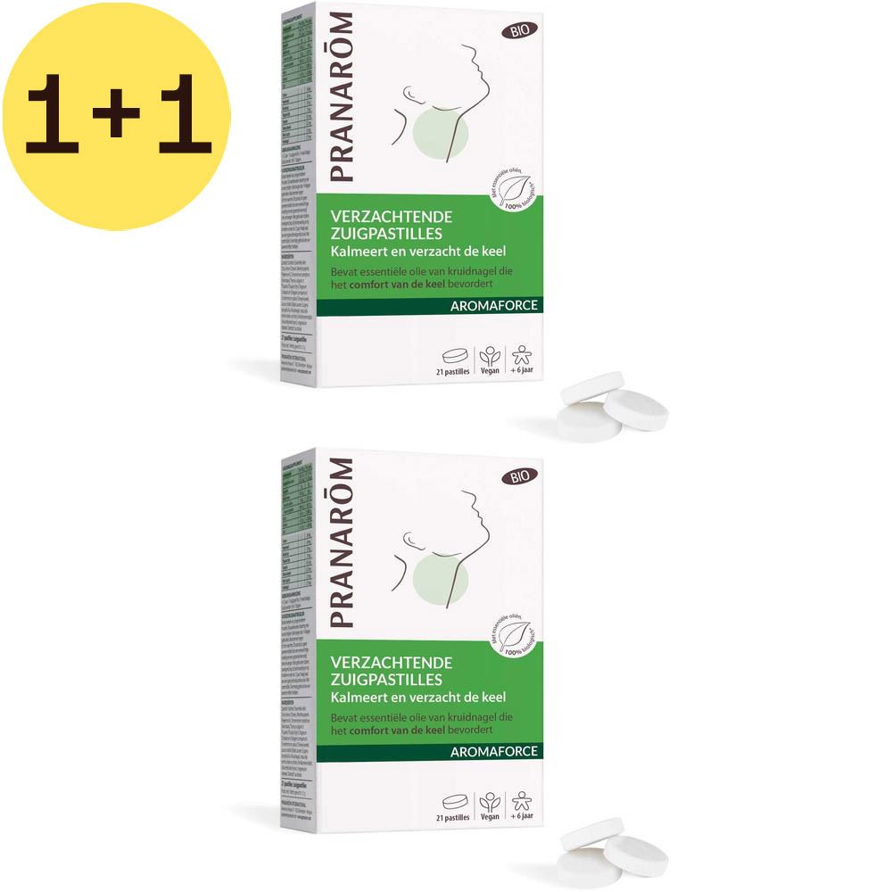 Twee dozen met Verzachtende Zuigpastilles. Pranarôm en Aromaforce zijn zichtbaar. Enkele pastilles liggen naast de dozen.