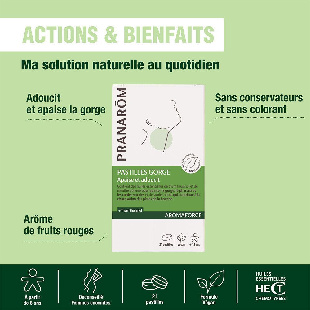Texte sur les actions et bienfaits du produit. Visibles: Pranarôm, Pastilles Gorge, Aromaforce, 21 pastilles, Vegan.