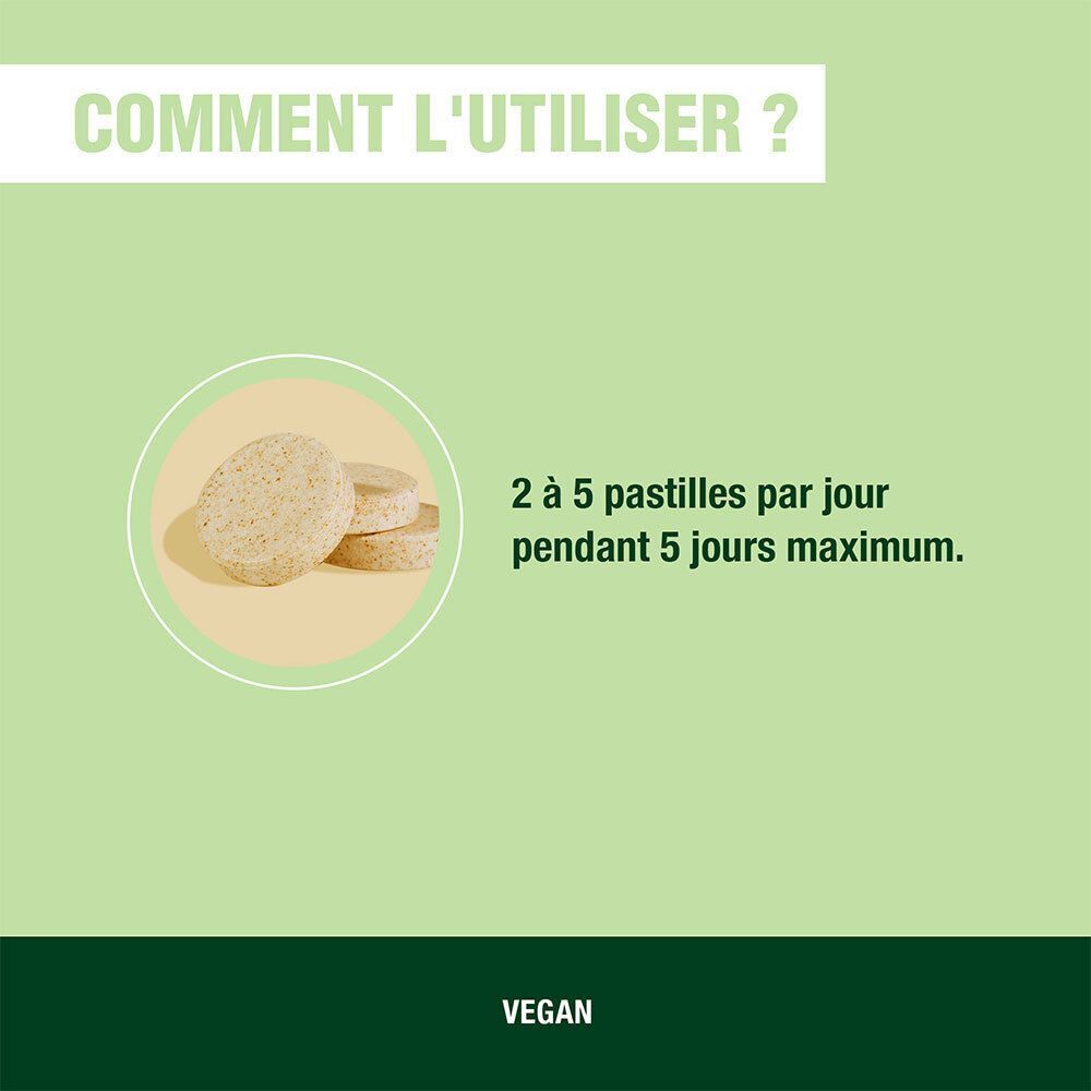 Instructions d'utilisation. 2 à 5 pastilles par jour pendant 5 jours maximum. Logo Vegan.