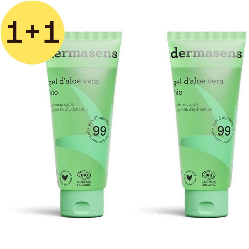 Twee groene tubes met "dermasens gel d'aloe vera bio". Op elke tube staat "99% d'ingrédients naturels".