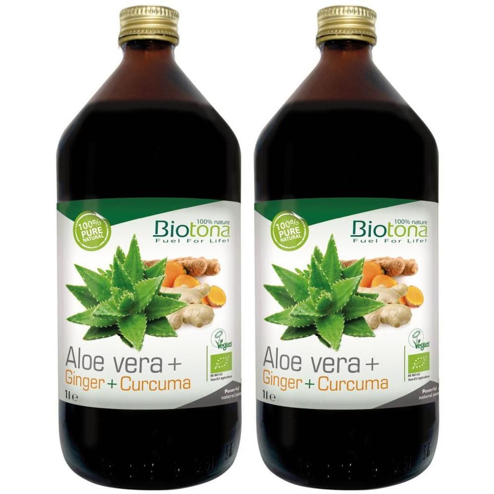 Deux bouteilles de Biotona Aloe Vera + Gingembre + Curcuma. Inscription: 100% Pure, Aloe vera +, Gingembre + Curcuma, 1l, Vegan.