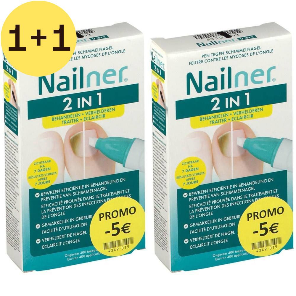 Deux boîtes de Nailner 2 en 1. Sur chaque boîte, "Promo -5€" est visible.