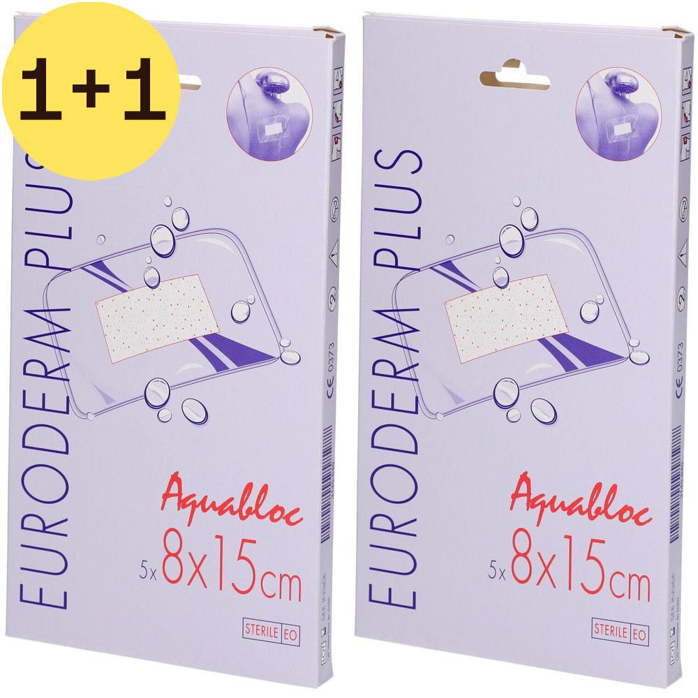 Emballage Euroderm Plus 8x15cm. Inscription Aquabloc, sterile EO. Fond violet avec illustration d'un pansement.