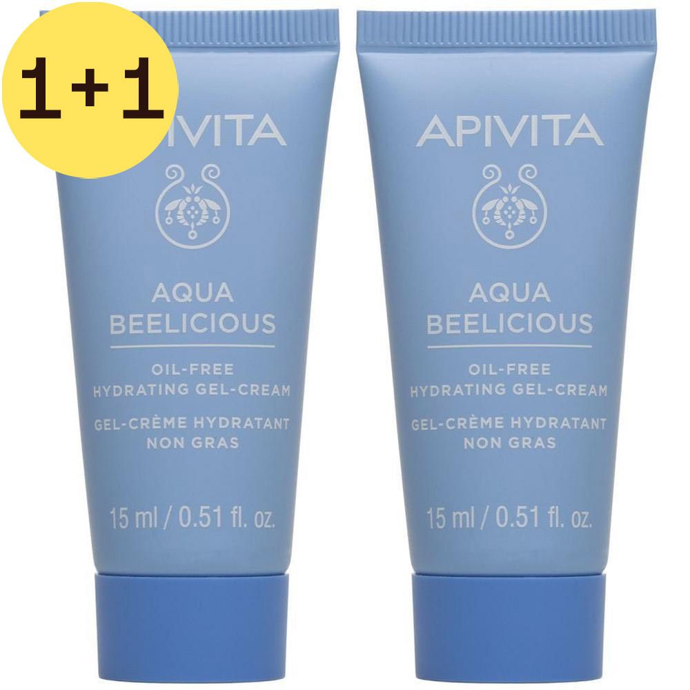Twee blauwe tubes. Opschrift: Apivita, Aqua Beelicious, Oil-free hydrating gel-cream.