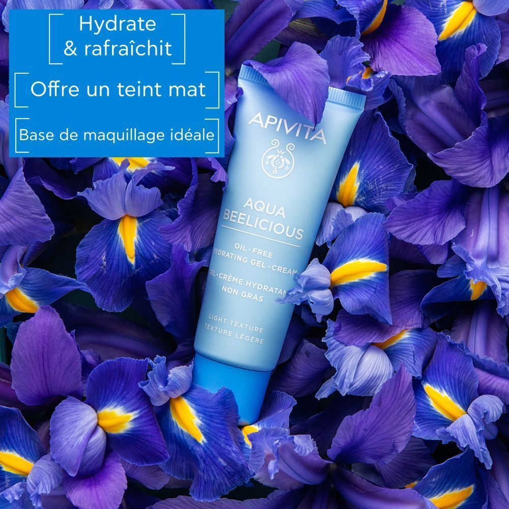 Tube bleu dans des fleurs violettes. Inscription : Apivita, Aqua Beelicious, Gel-crème hydratant non gras.