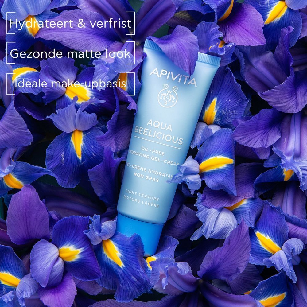 Blauwe tube in paarse bloemen. Opschrift: Apivita, Aqua Beelicious, Oil-free hydrating gel-cream.