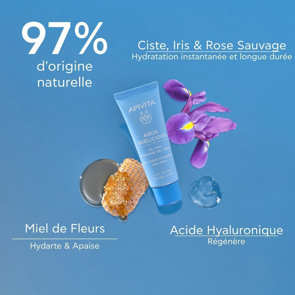 Tube avec ingrédients. Inscription : Apivita, Aqua Beelicious, Gel-crème hydratant non gras. 97% d'origine naturelle.