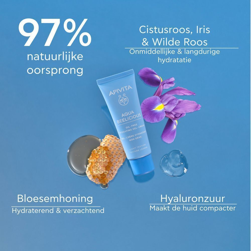 Tube met ingrediënten. Opschrift: Apivita, Aqua Beelicious, Oil-free hydrating gel-cream. 97% natuurlijke oorsprong.