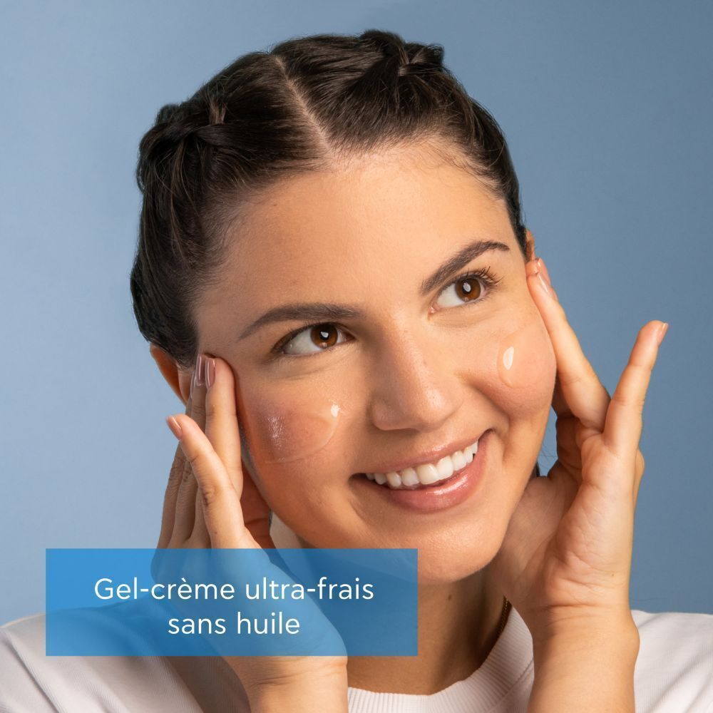 Femme avec du gel sur le visage. Inscription : Gel-crème ultra-frais sans huile.