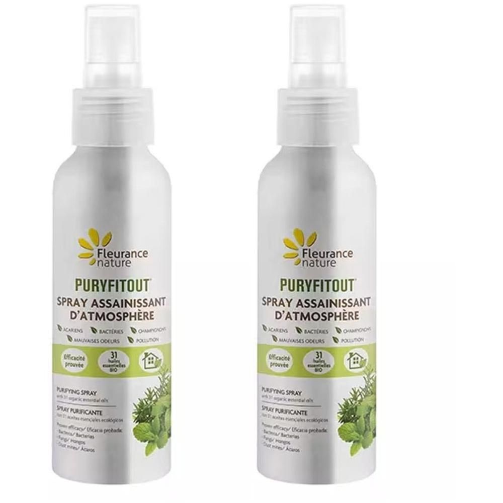 Deux flacons de spray avec tête blanche. Inscription : Fleurance Nature, Puryfitout, Spray Assainissant d'Atmosphère Bio. Étiquettes vertes et blanches.