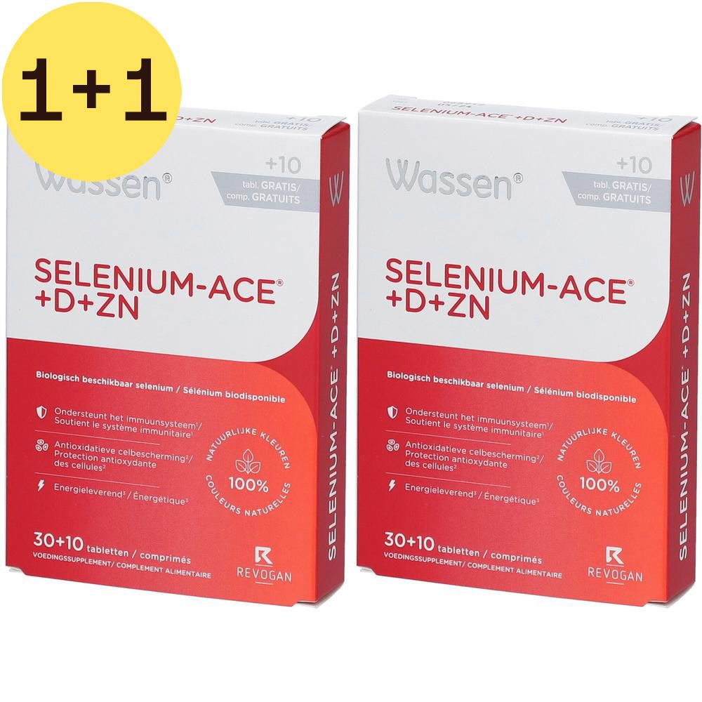 Twee dozen "Selenium-ACE +D+ZN" tabletten van Wassen. Bevat 30+10 tabletten. Rode en witte verpakking.