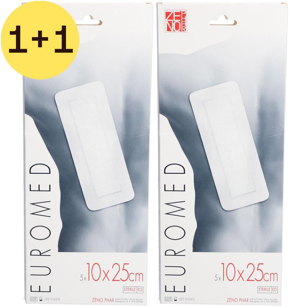 Deux pansements stériles en emballage. Inscription: EUROMED, 5 x 10x25cm. Marque ZENO PHAR.