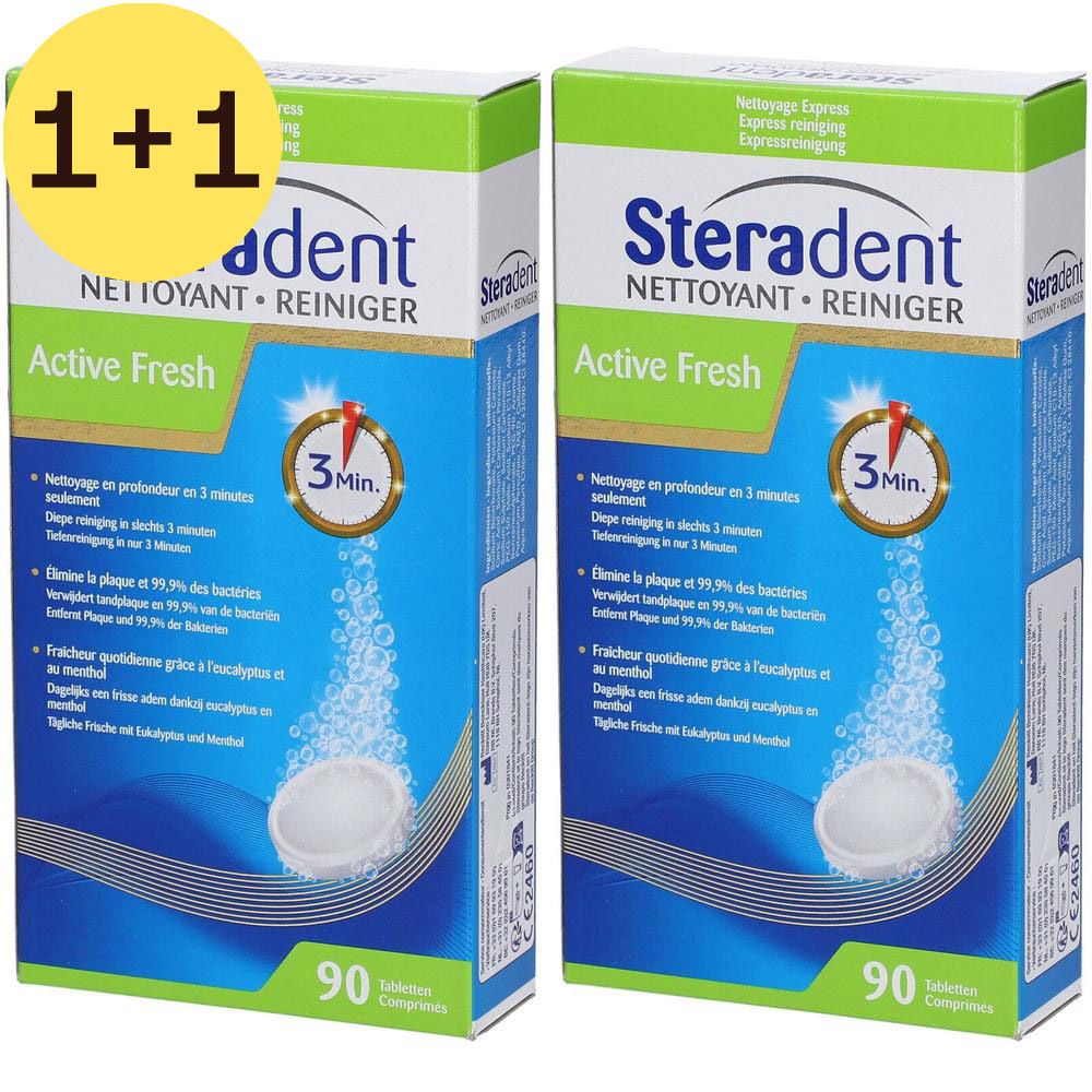 Deux boîtes de Steradent Active Fresh. Inscription : Nettoyant, Reiniger. Avec symbole 3 minutes et 90 comprimés. Emballage bleu et vert.