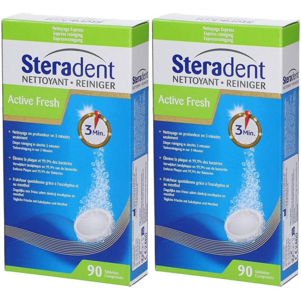 Twee pakken Steradent Active Fresh reinigingstabletten, 90 tabletten per pak.