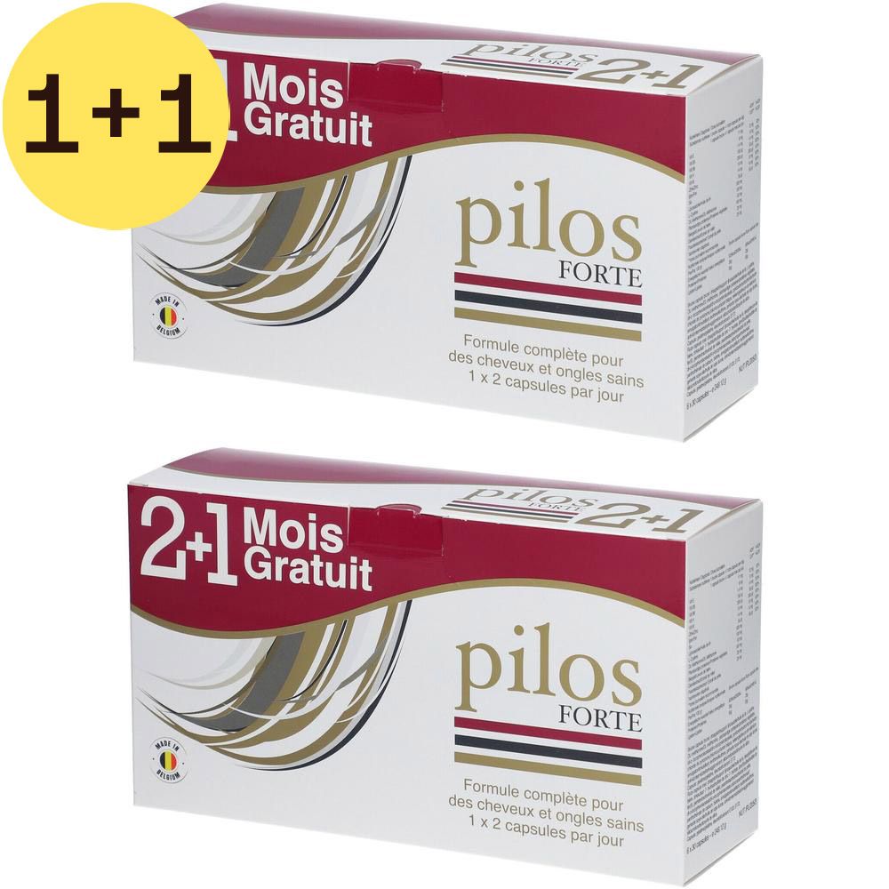 Deux boîtes de Pilos Forte. Inscription : 2+1 Mois Gratuit. Formule pour cheveux et ongles sains. 1x2 capsules par jour.