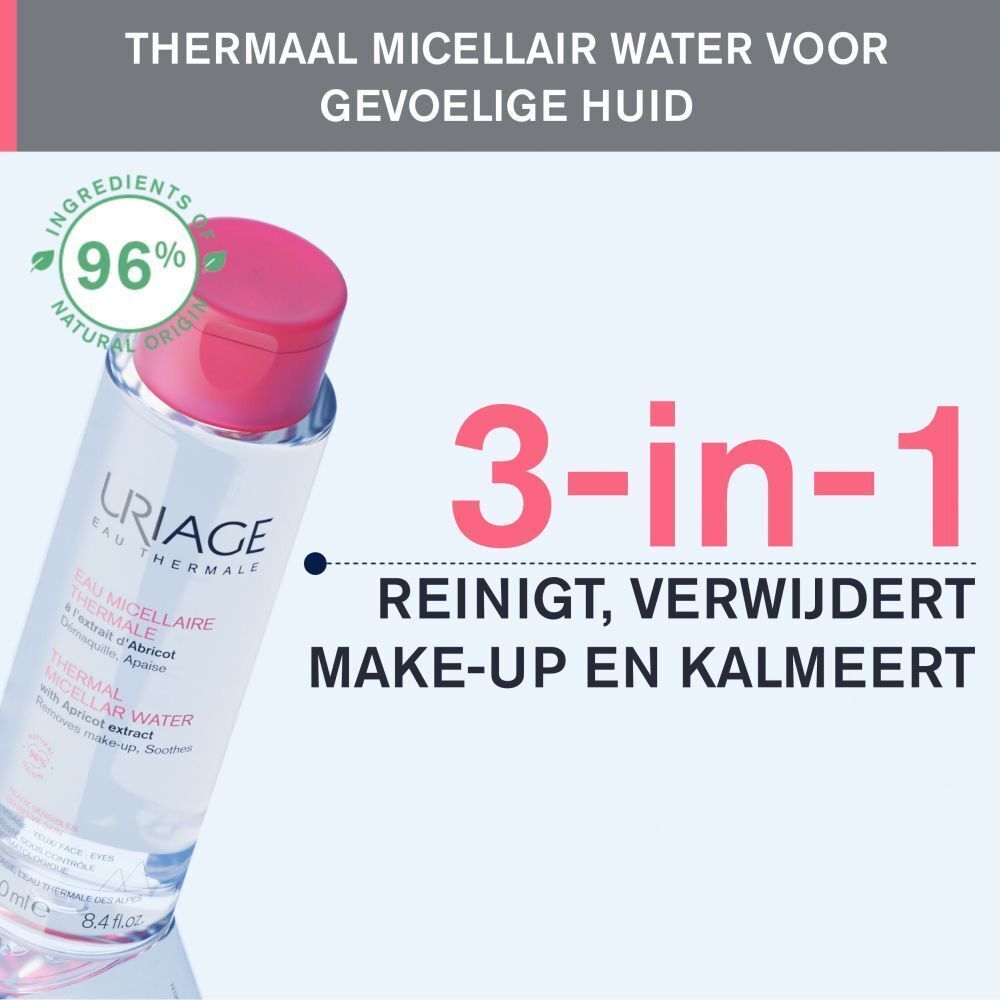 Fles Uriage Eau Micellaire Thermale. Roze dop, Nederlandse tekst. 3-in-1 functie.