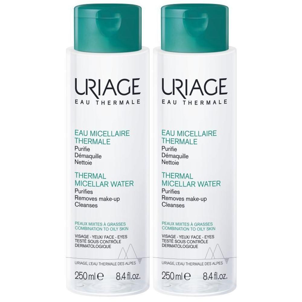 Twee flessen Uriage Eau Micellaire Thermale. Groene dop, wit etiket met tekst. Voor de gemengde tot vette huid.