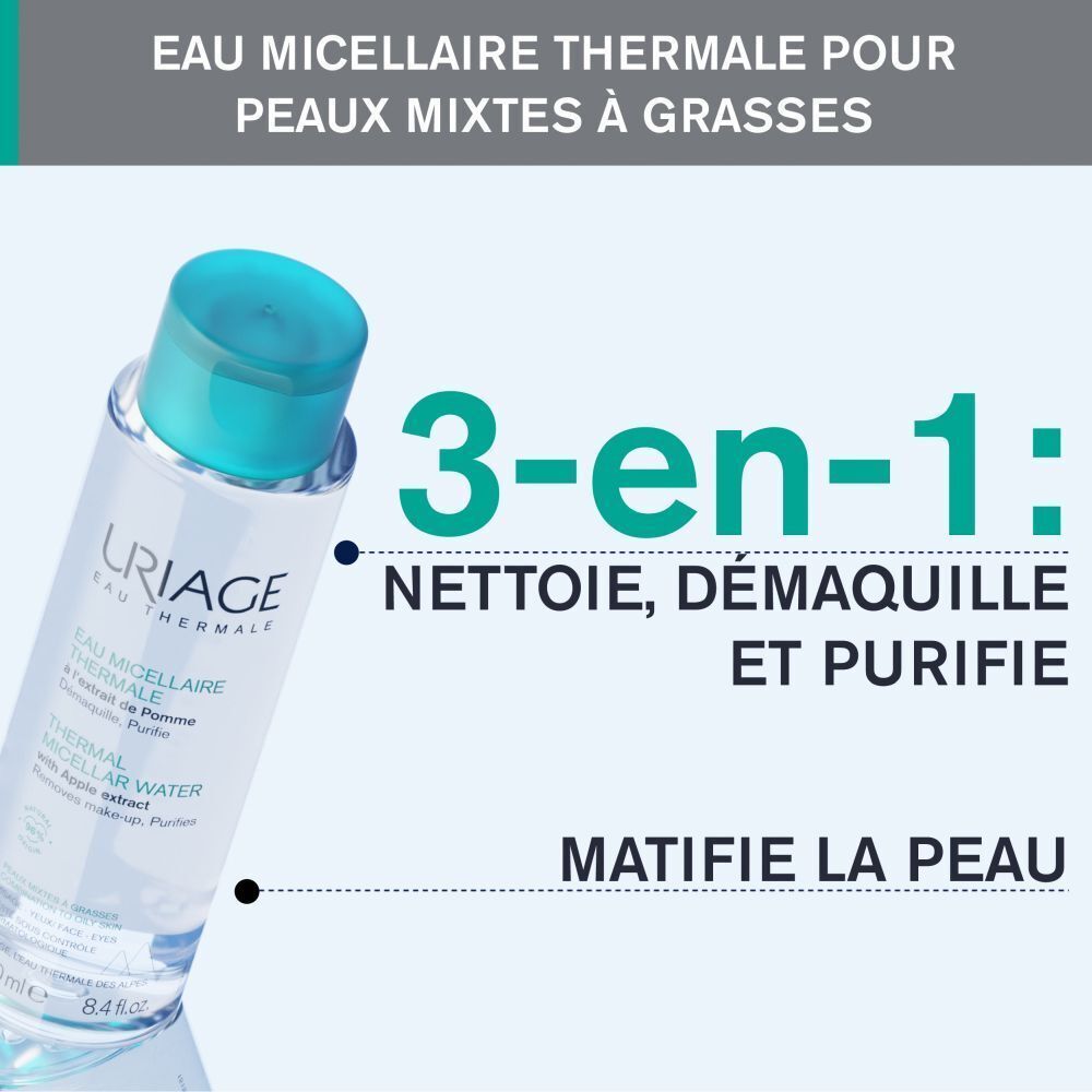 Flacon Uriage Eau Micellaire Thermale. Texte: 3-en-1: Nettoie, démaquille et purifie. Matifie la peau.