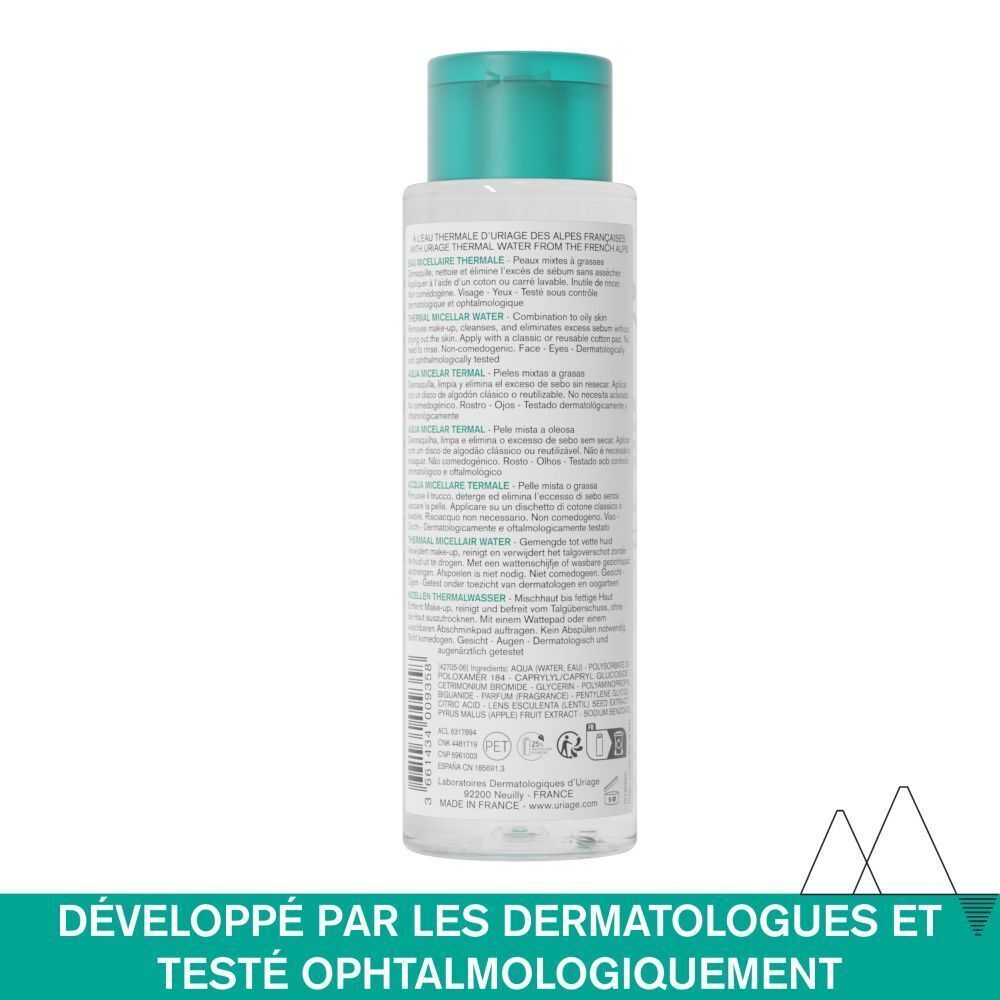 Dos du flacon Uriage Eau Micellaire Thermale. Texte: Testé dermatologiquement, pour peaux mixtes à grasses.