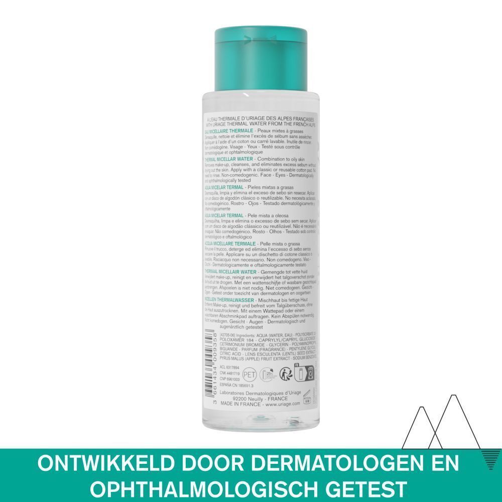 Achterkant van de Uriage Eau Micellaire Thermale fles. Tekst: Dermatologisch getest, voor de gemengde tot vette huid.