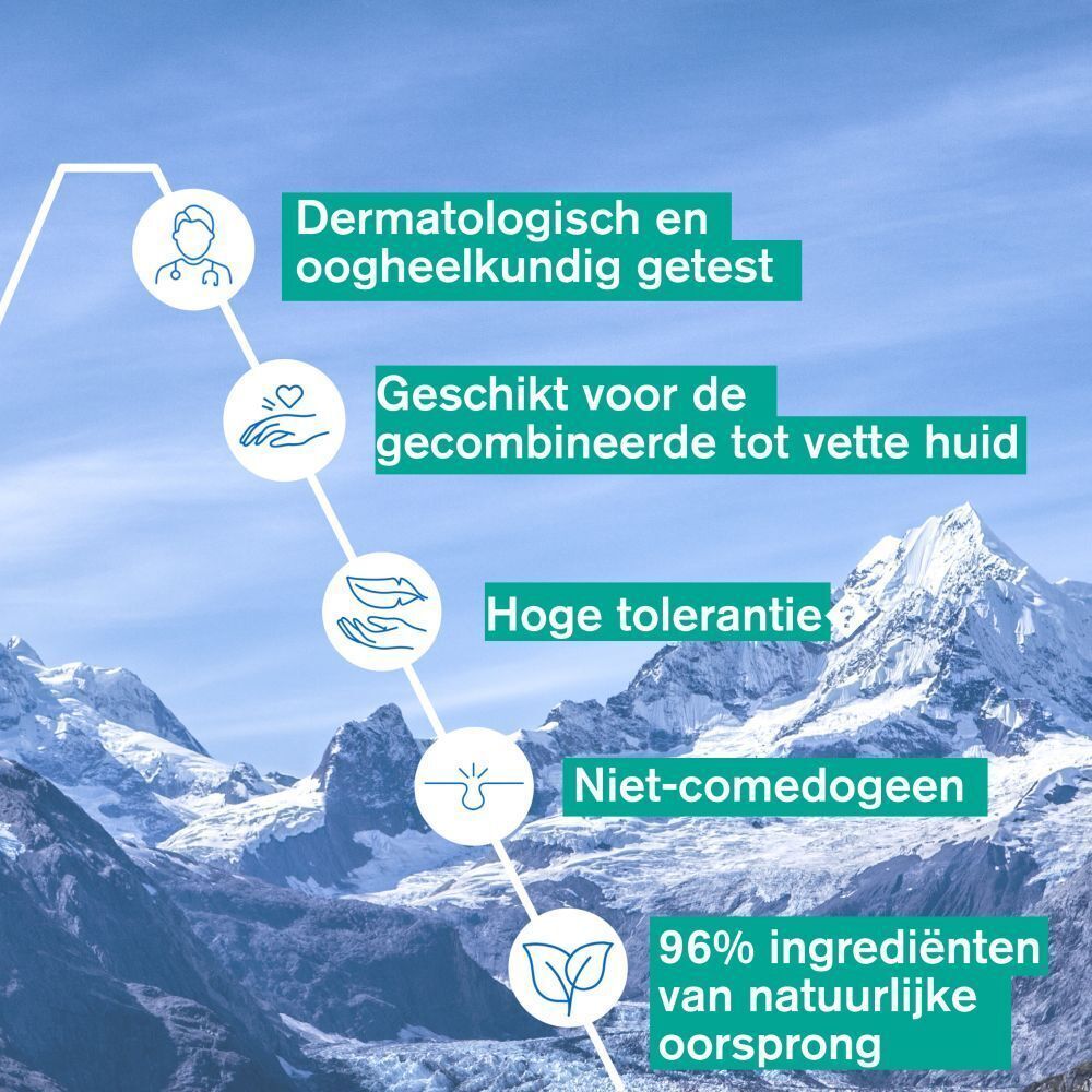 Grafiek met tekst: Dermatologisch en oftalmologisch getest, voor de gemengde tot vette huid, hoge tolerantie.