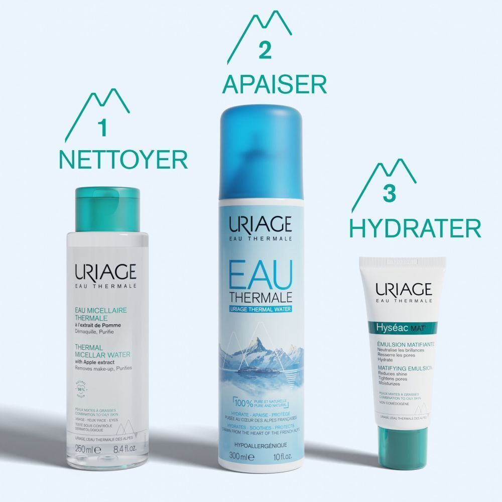 Trois produits Uriage: Eau Micellaire Thermale, Eau Thermale, Hyséac MAT. Nettoyer, Apaiser, Hydrater.