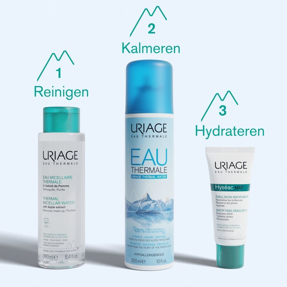 Drie Uriage producten: Eau Micellaire Thermale, Eau Thermale, Hyséac MAT. Reinigen, Kalmeren, Hydrateren.