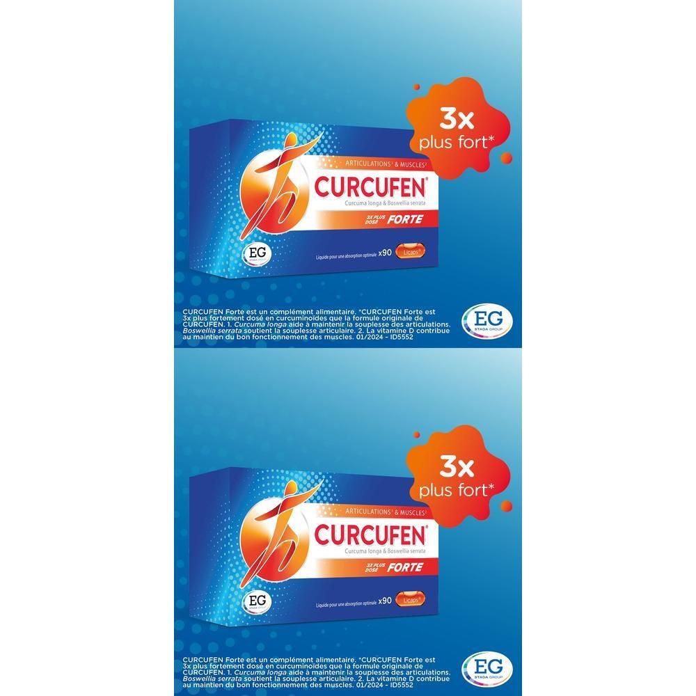 Deux boîtes de Curcufen Forte. Boîtes bleues avec logo et texte. Accent orange.