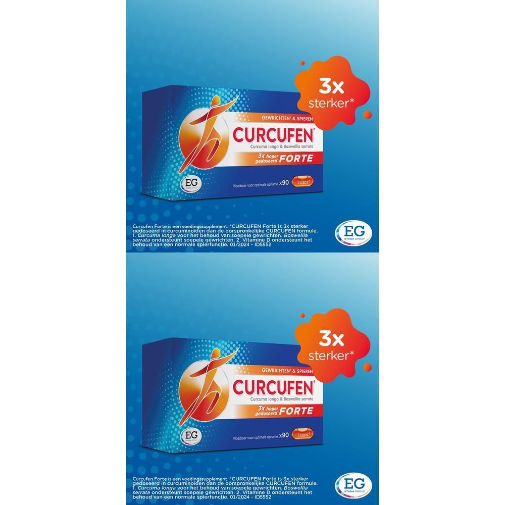 Twee dozen Curcufen Forte. Blauwe dozen met logo en tekst. Oranje accent.