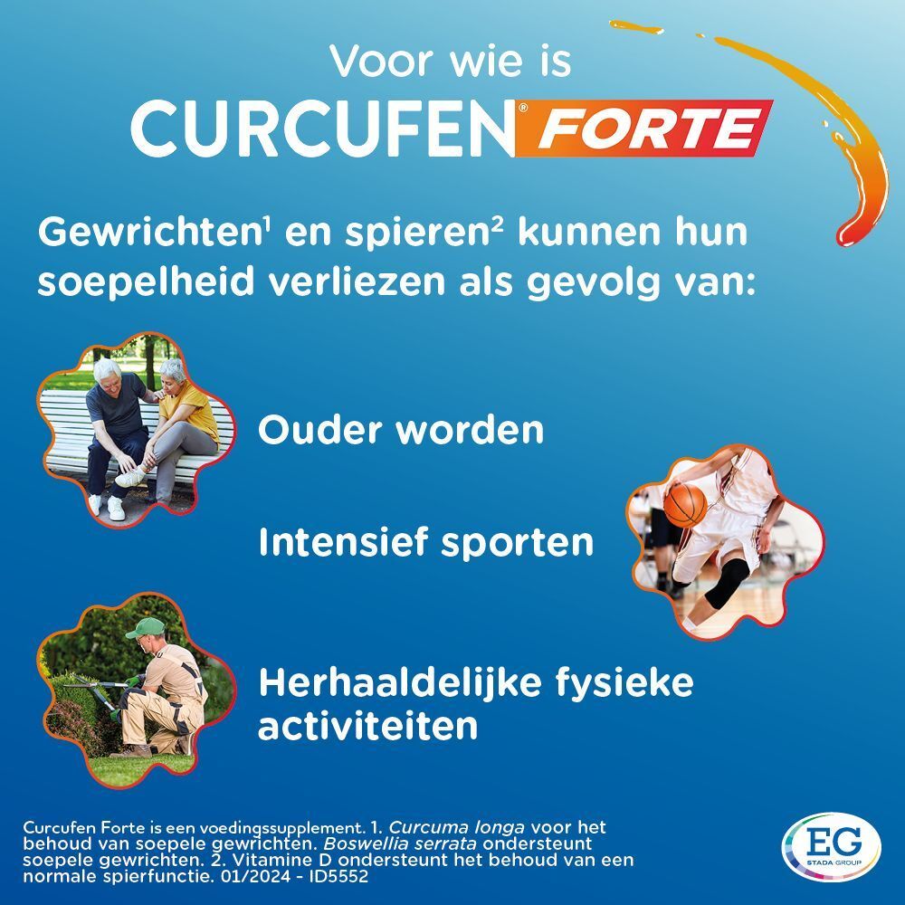 Tekst op blauwe achtergrond. Thema's: ouder worden, sporten, fysieke activiteiten. EG-logo.