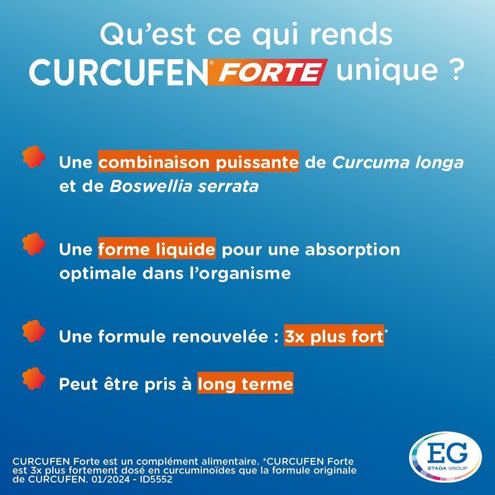 Texte sur fond bleu. Caractéristiques : Curcuma longa, Boswellia serrata, forme liquide. Logo EG.