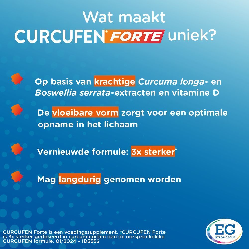 Tekst op blauwe achtergrond. Kenmerken: Curcuma longa, Boswellia serrata, vloeibare vorm. EG-logo.