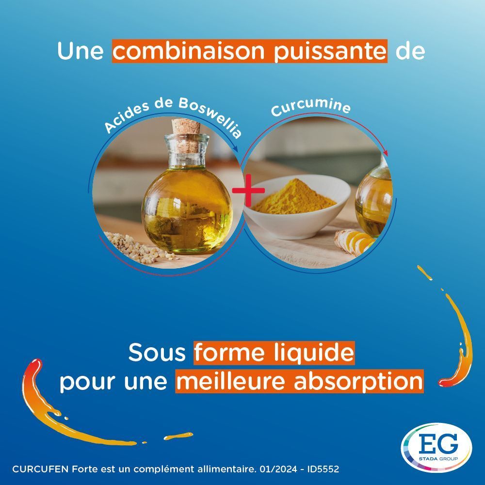 Illustration des ingrédients : huile de Boswellia, curcumine. Forme liquide pour une meilleure absorption. Logo EG.