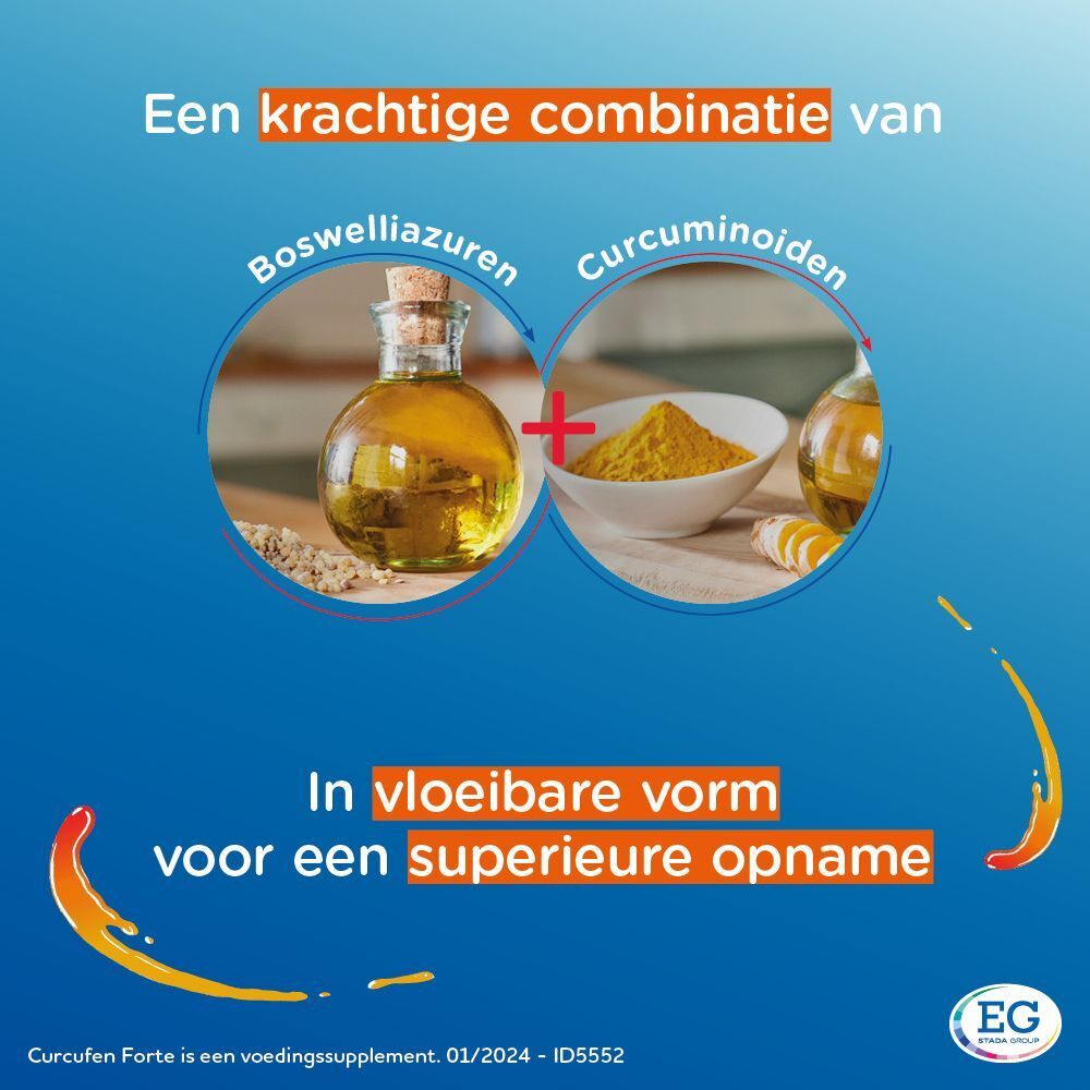 Illustratie van ingrediënten: Boswellia-olie, curcumine. Vloeibare vorm voor betere opname. EG-logo.