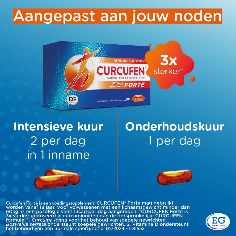 Productverpakking. Dosering: 2 capsules/dag, 1 capsule/dag. EG-logo. Capsules.