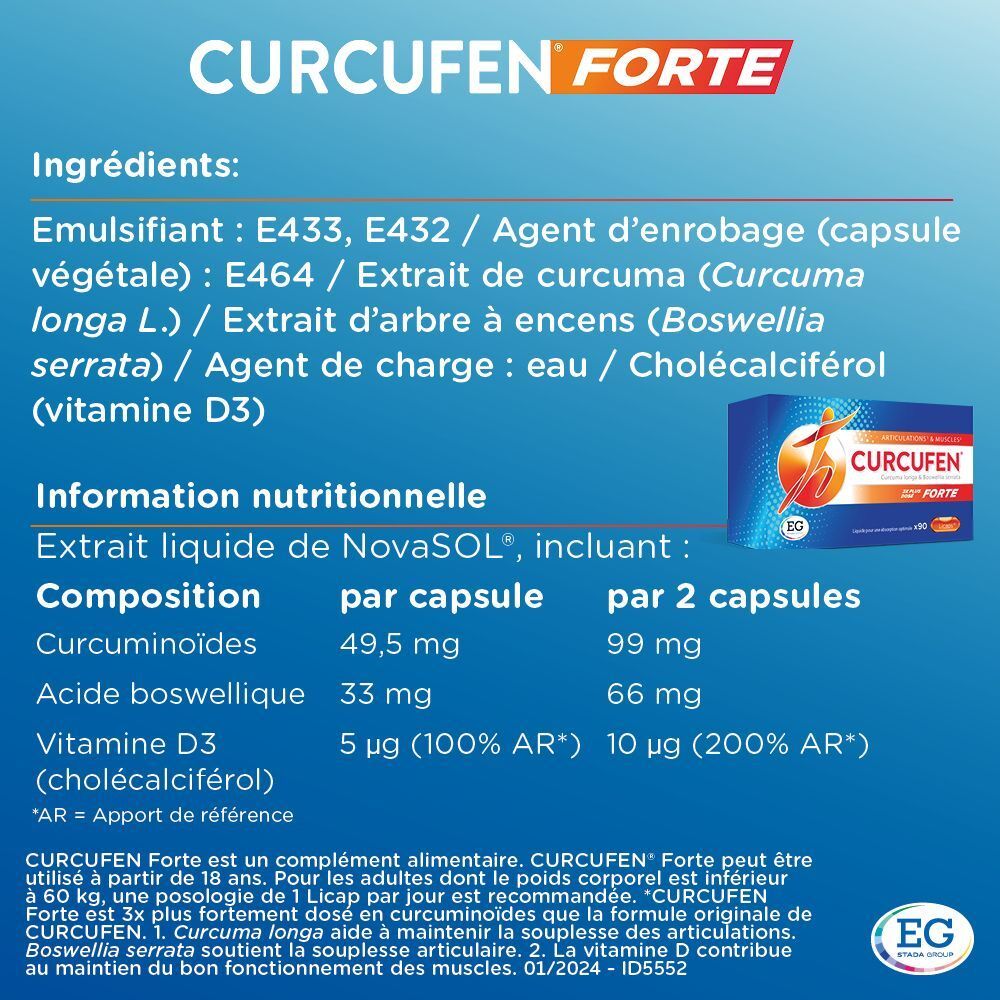 Ingrédients et informations nutritionnelles. Composition des gélules. Logo EG. Fond bleu.