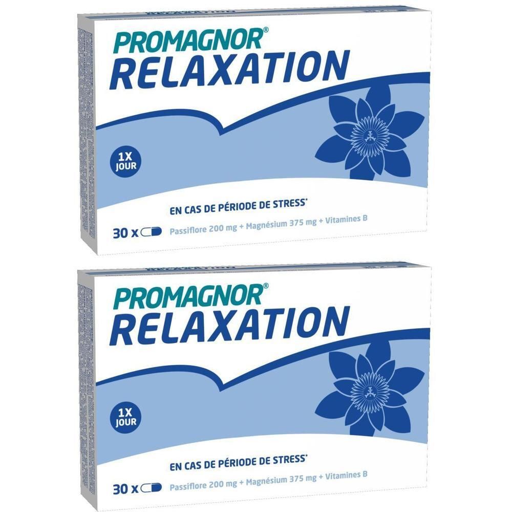 Deux boîtes de Promagnor Relaxation. Emballage bleu et blanc avec nom du produit et motif floral. Contient 30 gélules.