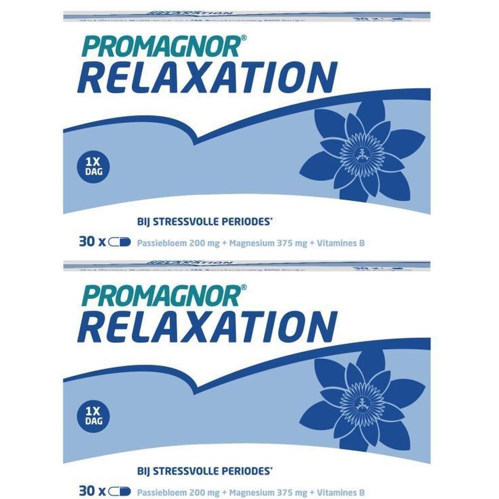Twee dozen Promagnor Relaxation. Blauw en witte verpakking met productnaam en bloemmotief. Bevat 30 capsules.
