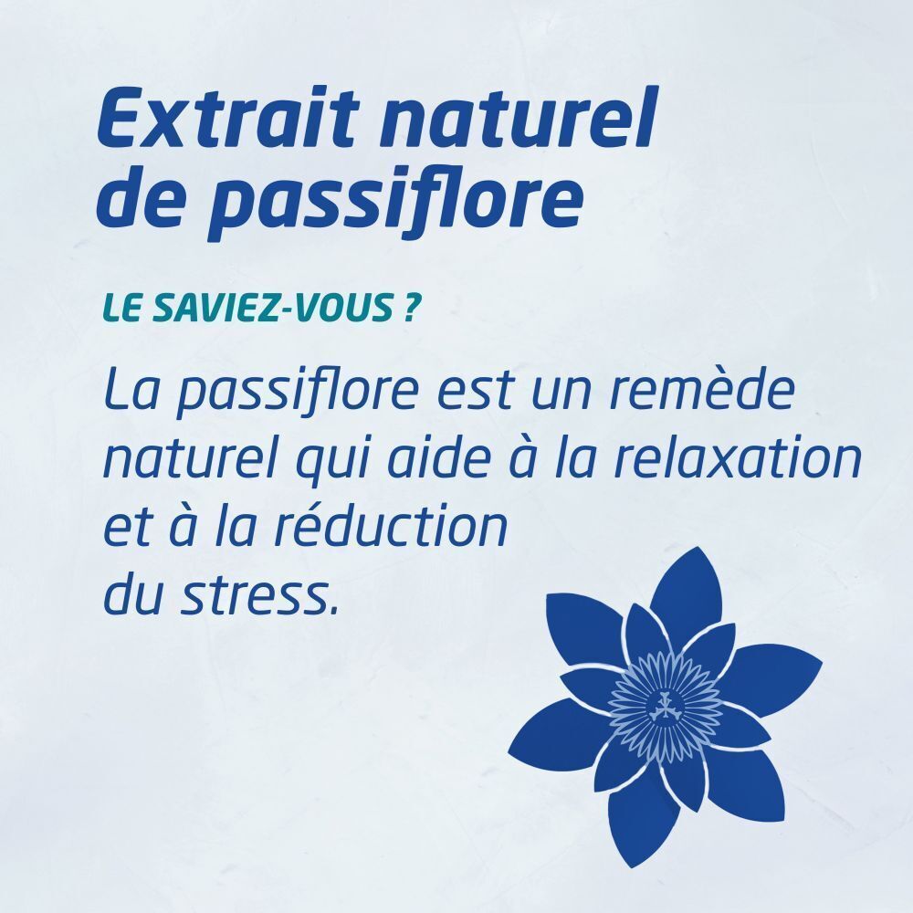 Texte sur l'extrait de passiflore et ses effets sur la relaxation et la réduction du stress. Symbole floral bleu.