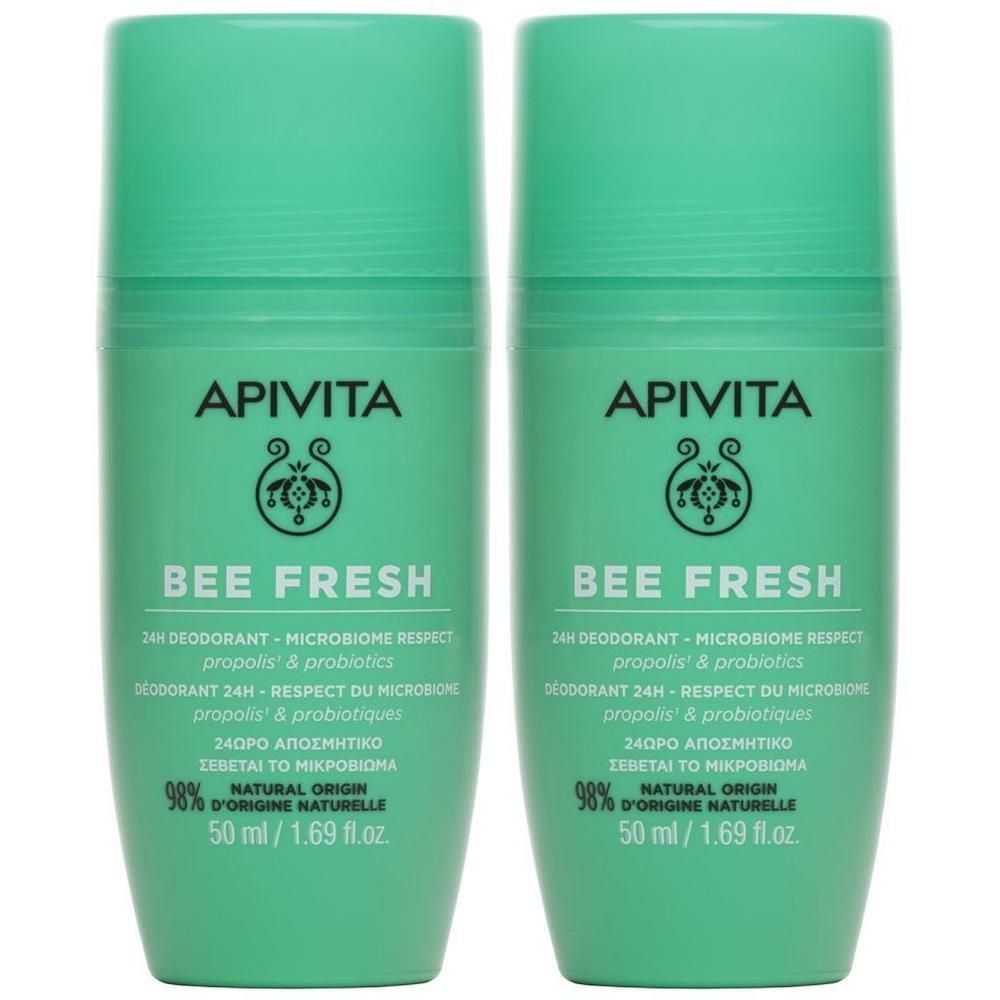 Twee groene roll-on deodorants. Opschrift: Apivita, Bee Fresh, 24h Deodorant, Propolis & Probiotica. 98% natuurlijke oorsprong.