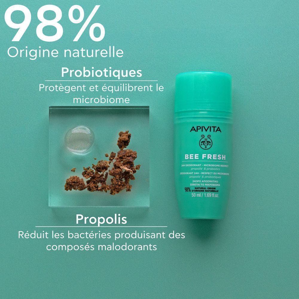 Déodorant roll-on et propolis à côté d'un bloc de verre. Texte : 98% d'origine naturelle, probiotiques, propolis.