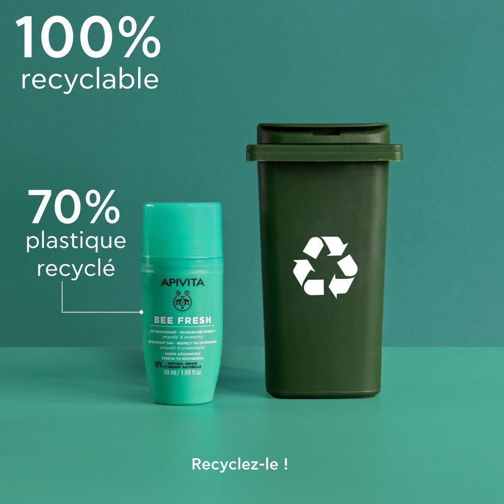 Déodorant roll-on à côté d'une poubelle verte. Texte : 100% recyclable, 70% de plastique recyclé.