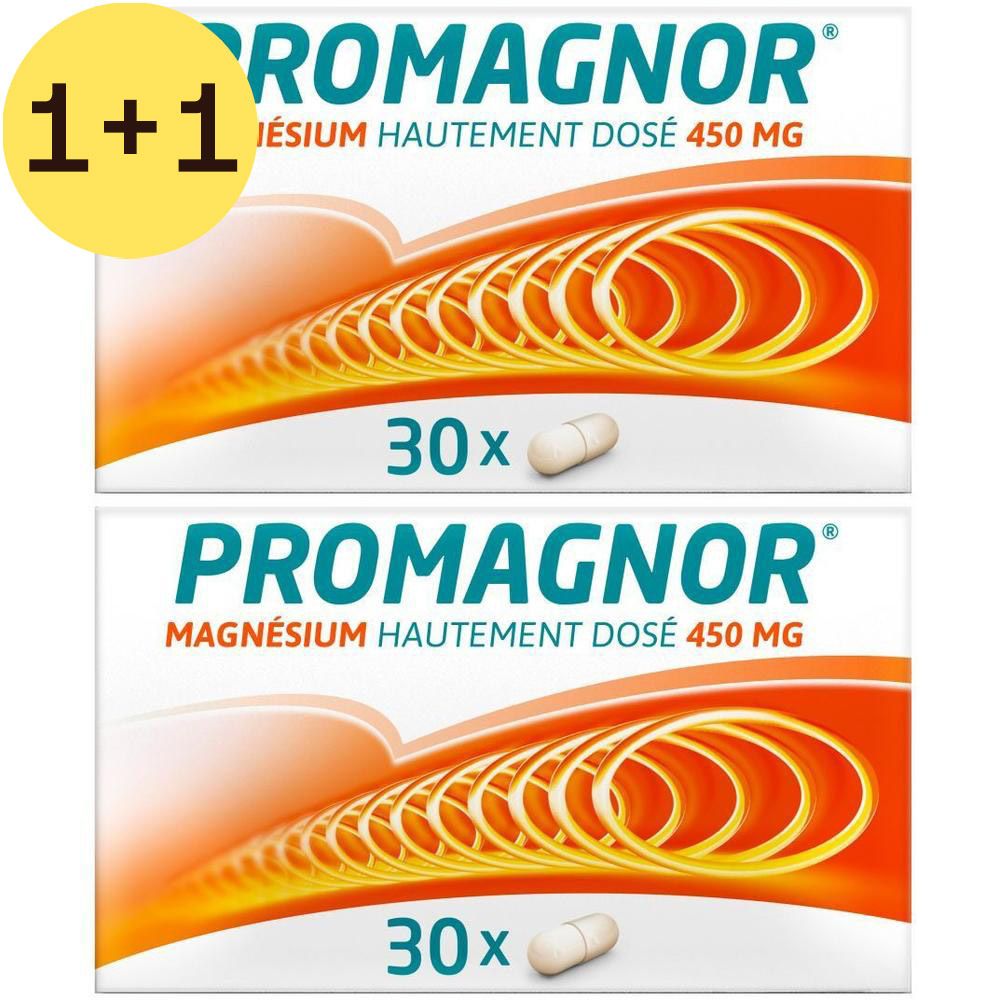 Deux boîtes de Promagnor magnésium. Chaque boîte contient 30 comprimés. Inscription : 450 mg.