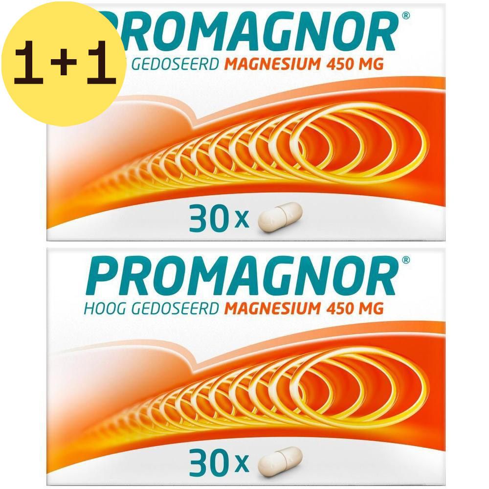 Twee dozen Promagnor magnesium. Elke doos bevat 30 tabletten. Opschrift: 450 mg.
