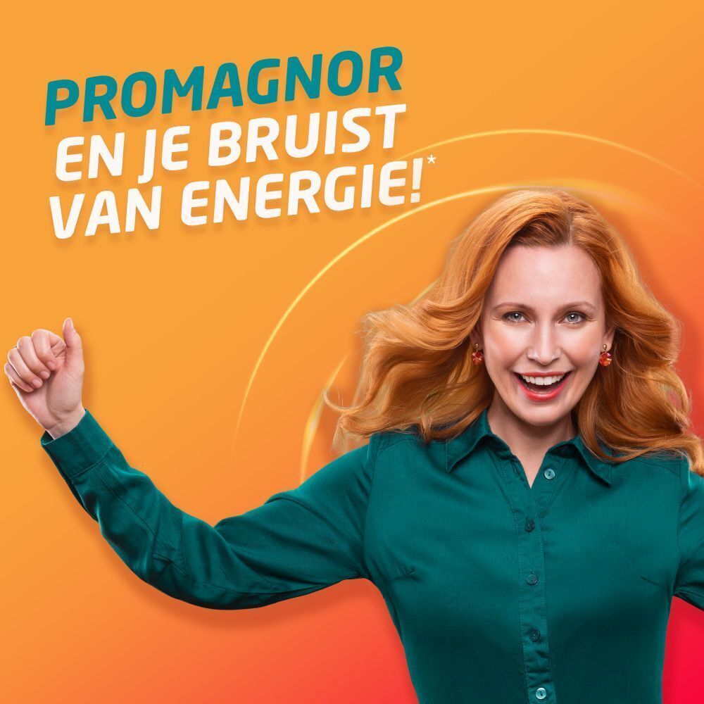 Een vrouw met rood haar en een groen overhemd. Tekst: Promagnor en je bruist van energie!