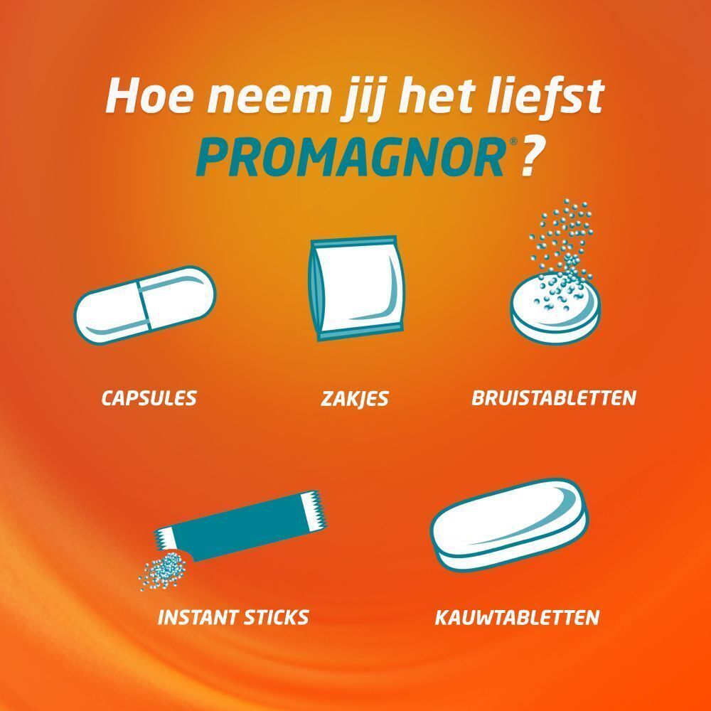Verschillende toedieningsvormen van Promagnor: capsules, zakjes, bruistabletten, instant sticks, kauwtabletten.
